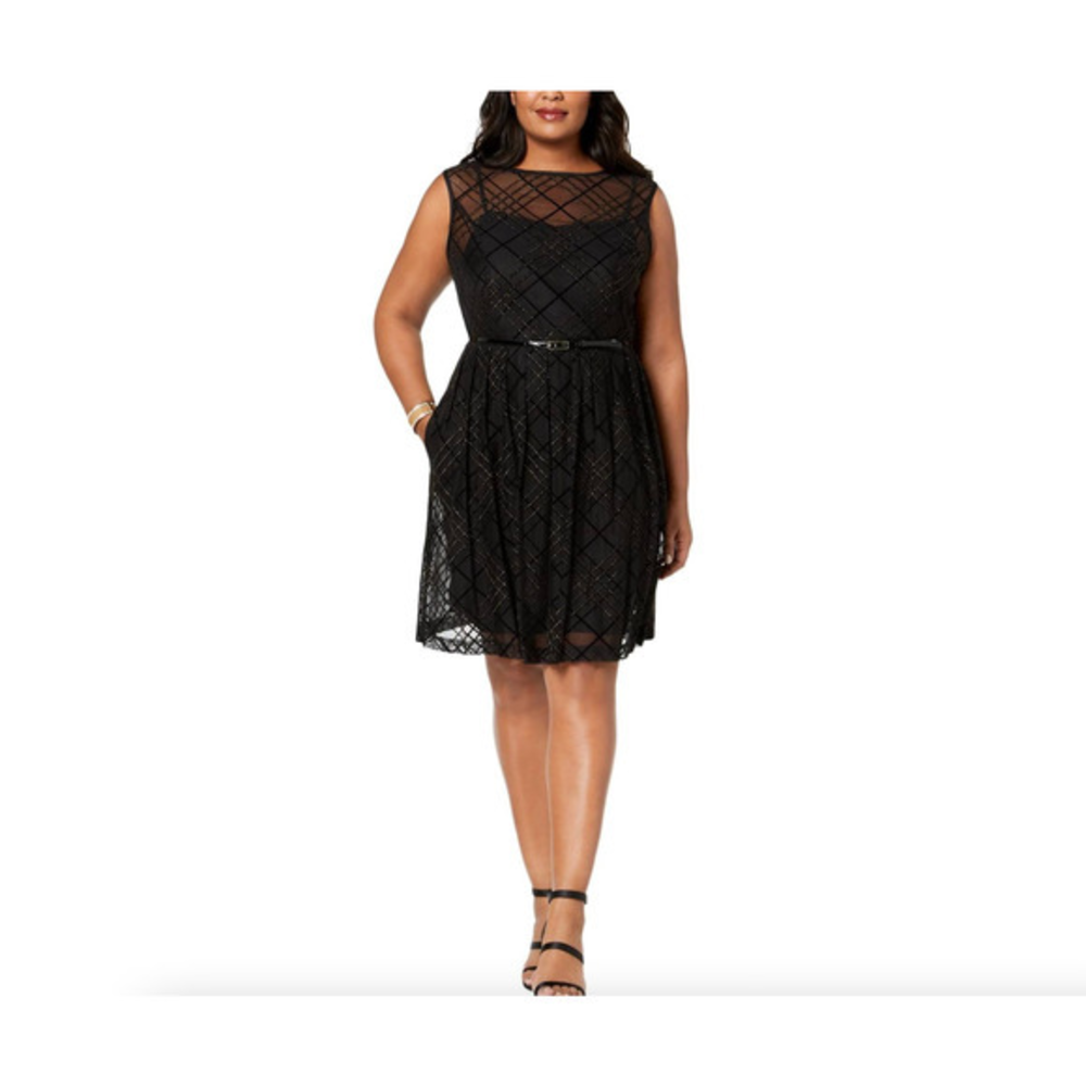 Ellen Tracy Nordstrom Black Gold Belted Fit and Flare Sleeveless‎ Dress